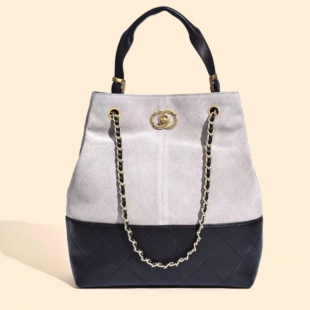 Two-Tone Black and Cream Chain Shoulder Tote
